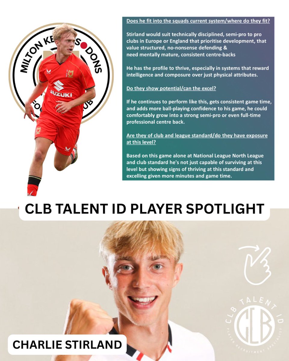 🔦 PLAYER SPOTLIGHT: CHARLIE STIRLAND 🔦
Free agent Centre Back with academy roots at MK Dons &amp; Boro + senior non-league experience. Mature, disciplined &amp; a true leader.

A top U21/dev squad pick, or even 1st team.

📩 Info via CLB Talent ID / @BallerXScout

#CharlieStirland