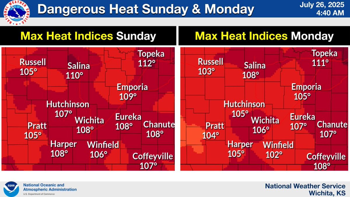 NWSWichita's tweet image. Heat indices for both Sunday and Monday are expected to climb into the 105 to 110 degree range. Be sure to stay hydrated and limit outdoor activity during the afternoon hours. #kswx