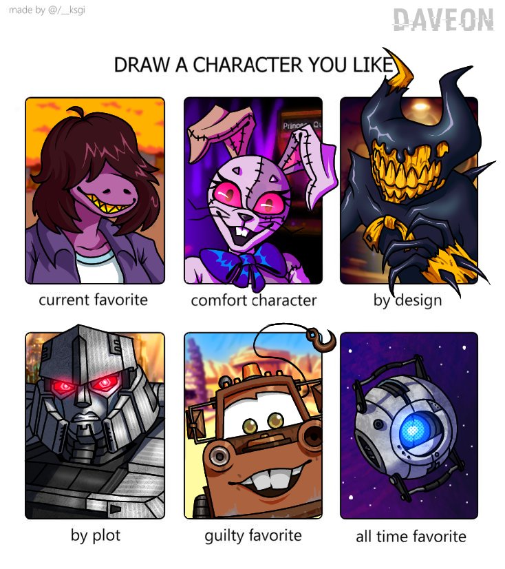 Daveon64's tweet image. This took me way too long but YAYYYY

#DrawACharacterYouLike
#Deltarune #FNAF #Bendy #Transformers #Cars #Portal2