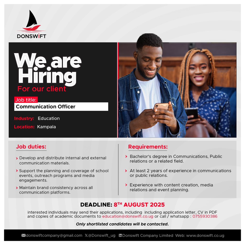 Donswift_ug's tweet image. We're Hiring!
Are you a skilled communicator with a passion for education?
Apply via: education@donswift.co.ug
Deadline: 8th August 2025
For more info:donswift.co.ug/jobs/we-are-hi…
#JobAlert
