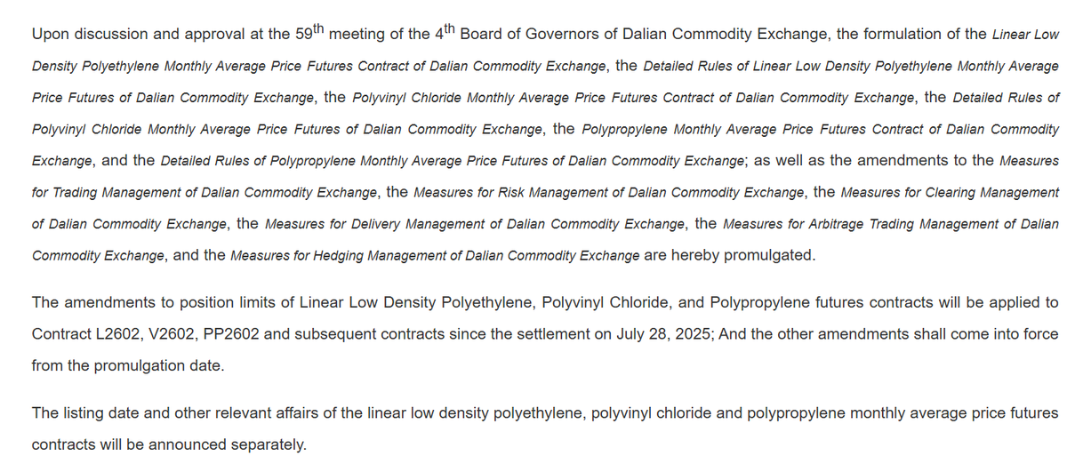 SYWGOfficial's tweet photo. DCE:Announcement on the Promulgation of Linear Low Density Polyethylene, Polyvinyl Chloride, and Polypropylene Monthly Average Price Futures Contracts and the Relevant Rules https://t.co/tlE0pkaD8A https://t.co/f9Ode9itOt