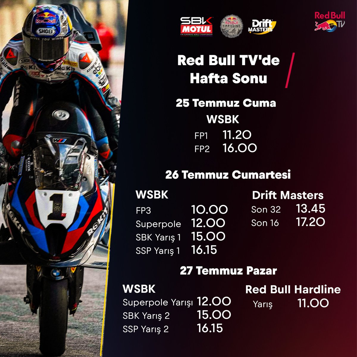 RedBullTR's tweet image. Red Bull TV'de hafta sonu programı 👌 

canlı ve ücretsiz seyretmek için 👇
redbull.com/tr-tr/live-eve… 

#RedBull #Kanatlandırııır