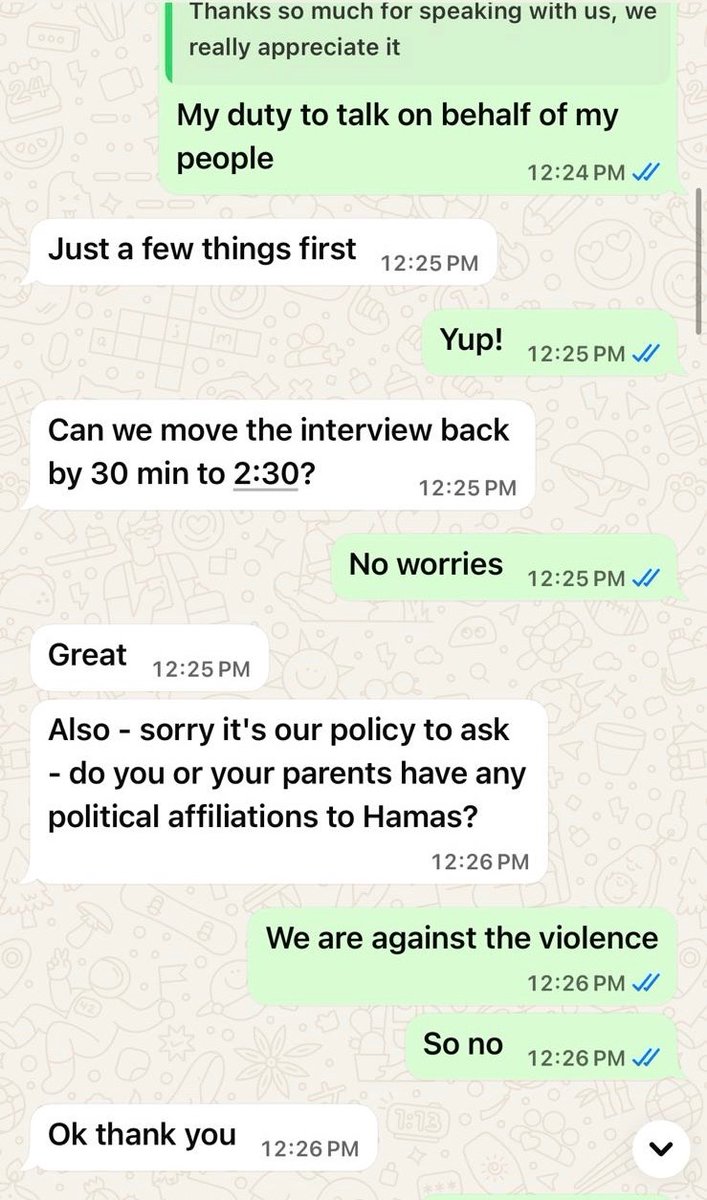 Abubaker Abed (@abubakerabedw) on Twitter photo “It’s our policy to ask, do you or your parents have affiliation to Hamas?”
That’s the question the <a href="/BBCWorld/">BBC News (World)</a> producers asked for a 17-year -old child from Gaza before inviting him for an interview. Imagine asking a starving child living a genocide this.
I am wondering, “It’s our policy to ask, do you or your parents have affiliation to Hamas?”
That’s the question the <a href="/BBCWorld/">BBC News (World)</a> producers asked for a 17-year -old child from Gaza before inviting him for an interview. Imagine asking a starving child living a genocide this.
I am wondering,
