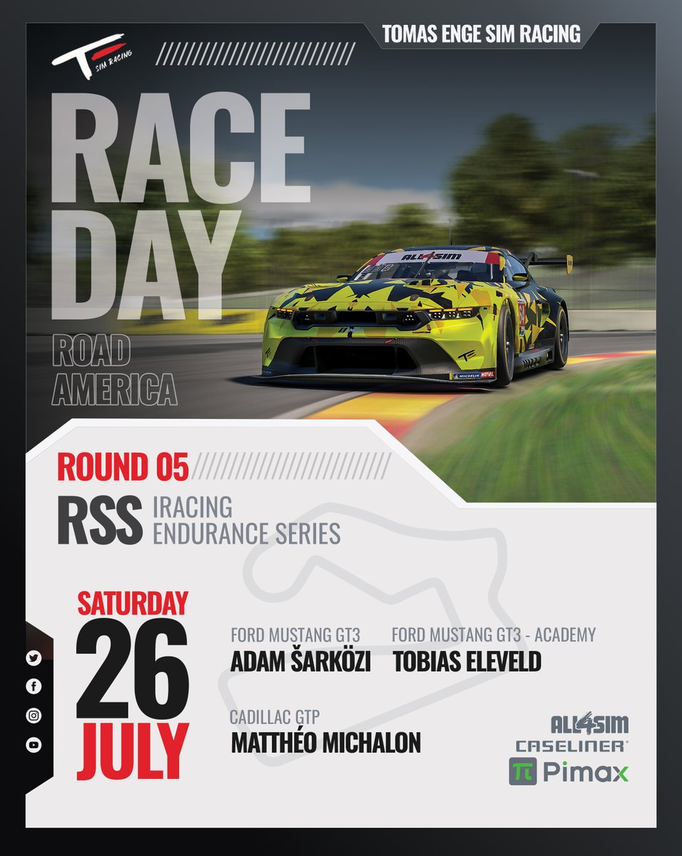 TomasEngeSimRacing (@tomas_enge_sim) on Twitter photo In the States for Round 5 🦅
For today's <a href="/RCI_Racing/">Racing Club International</a> event the #iRacing crew is heading to Road America 🇺🇸
Ford Mustang GT3:
👤 Adam Šarközi
Ford Mustang GT3 - Academy:
👤 <a href="/ThatFoolTobias/">ThatFoolTobias</a>
Cadillac GTP:
👤 <a href="/Drahx92/">Drahx</a>
Stream link 🔽
🔴 youtube.com/live/261w2tKUr…
Good luck boys In the States for Round 5 🦅
For today's <a href="/RCI_Racing/">Racing Club International</a> event the #iRacing crew is heading to Road America 🇺🇸
Ford Mustang GT3:
👤 Adam Šarközi
Ford Mustang GT3 - Academy:
👤 <a href="/ThatFoolTobias/">ThatFoolTobias</a>
Cadillac GTP:
👤 <a href="/Drahx92/">Drahx</a>
Stream link 🔽
🔴 youtube.com/live/261w2tKUr…
Good luck boys