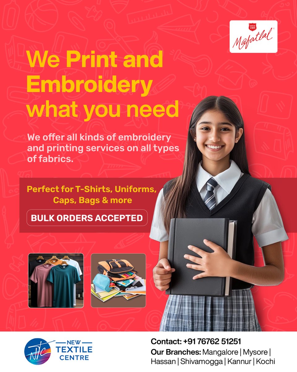 NTCMangalore's tweet image. Personalization at its best.
Get your prints on t-shirts, caps, bags &amp;amp; more. ✨
NTC offers a wide range of embroidery &amp;amp; printing services.
Bulk orders accepted.

📍 Mangalore | Mysore | Hassan | Shivamogga | Kannur | Kochi
📞 +91 76762 51251

#NTC #CustomizedForYou #MadeInIndia