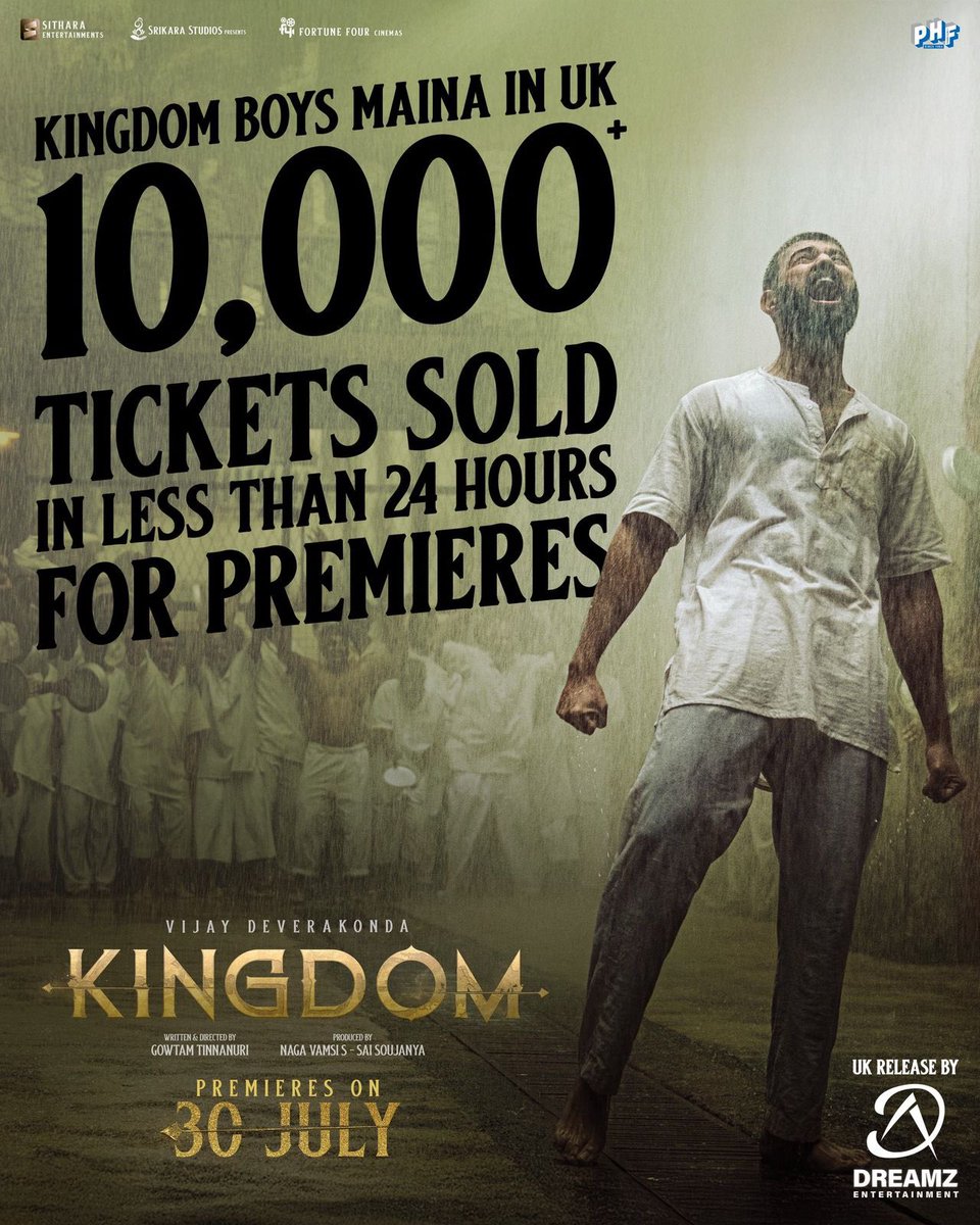 venupro's tweet image. #Kingdom is coming for TOTAL DOMINATION 🔥
UK is already setting the box office on fire with 10,000+ Premiere tickets sold in under 24 hours 💥💥
UK Release By Dreamz Entertainment
@TheDeverakonda @anirudhofficial @gowtam19 @ActorSatyaDev #BhagyashriBorse @dopjomon…