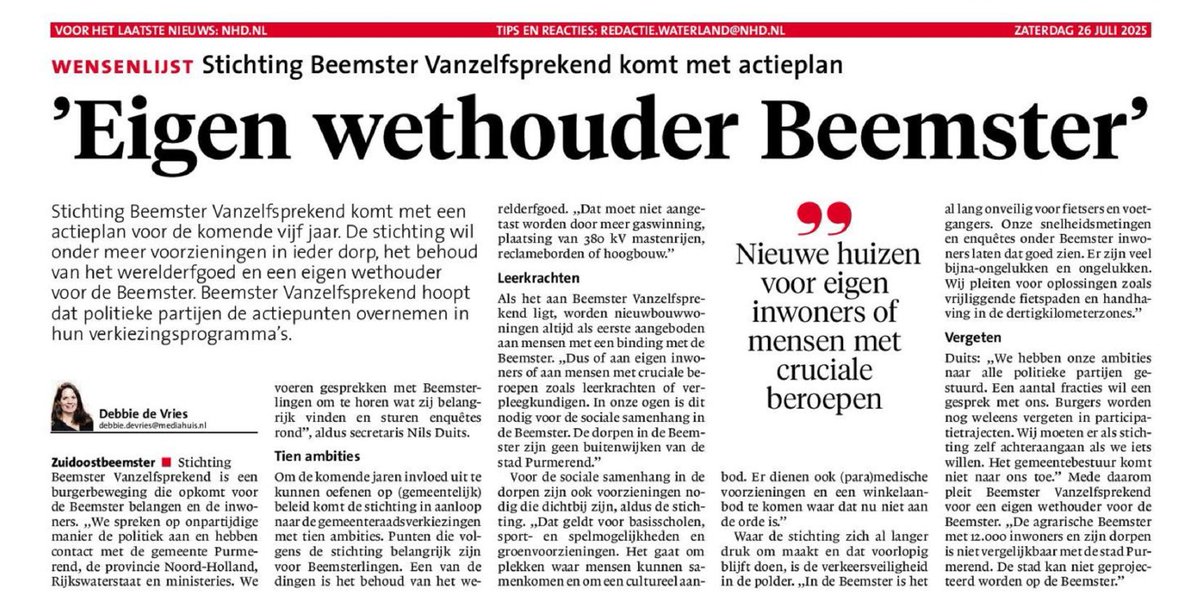 Goede weergave van ons tienpuntenplan voor de politieke partijen in <a href="/nhdagblad/">Noordhollands Dagblad</a>