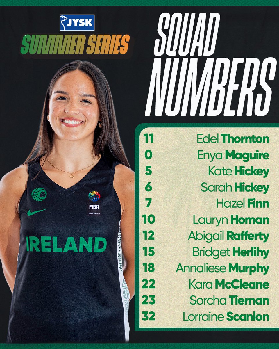 BballIrl's tweet image. Squad numbers are official for today’s matchup with Norway 🇳🇴
Watch the JYSK Summer Series live on the @SportTG4 player from 16:00 📺
#GreenMeansGo ☘️ | #IrishBasketball