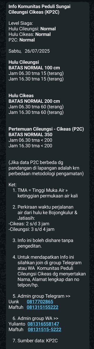KP2C (@kp2c_info) on Twitter photo InfoKP2C #TMA #Sabtu26Juli2025 hulu Cileungsi, Cikeas & P2C Normal. Cileungsi dan Cikeas terang <a href="/infoJATIASIH/">Jatiasih™</a> <a href="/kec_jatiasih/">KECAMATAN JATIASIH | #AyoPakaiMasker</a> <a href="/pemkotbekasi/">Pemerintah Kota Bekasi</a> <a href="/bogorkab/">Pemerintah kabupaten Bogor | #75TahunJabar</a> <a href="/BPBDJabar/">BPBD Provinsi Jawa Barat</a> <a href="/bpbdbogorkab/">bpbdbogorkab</a> <a href="/pastigana/">Pastigana BNPB</a> <a href="/txtdrbekasi/">TxtdariBekasy 🇵🇸</a> #SiapUntukSelamat #BudayaSadarBencana #StaySafe #StayHealthy InfoKP2C #TMA #Sabtu26Juli2025 hulu Cileungsi, Cikeas & P2C Normal. Cileungsi dan Cikeas terang <a href="/infoJATIASIH/">Jatiasih™</a> <a href="/kec_jatiasih/">KECAMATAN JATIASIH | #AyoPakaiMasker</a> <a href="/pemkotbekasi/">Pemerintah Kota Bekasi</a> <a href="/bogorkab/">Pemerintah kabupaten Bogor | #75TahunJabar</a> <a href="/BPBDJabar/">BPBD Provinsi Jawa Barat</a> <a href="/bpbdbogorkab/">bpbdbogorkab</a> <a href="/pastigana/">Pastigana BNPB</a> <a href="/txtdrbekasi/">TxtdariBekasy 🇵🇸</a> #SiapUntukSelamat #BudayaSadarBencana #StaySafe #StayHealthy