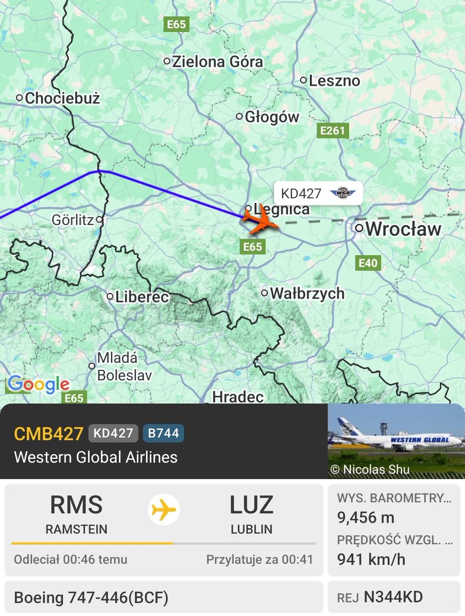 PolishMilRadar's tweet image. 📆26.07.2025 11:57LT
🇺🇸Western Global (transport wojskowy)
✈️Boeing B747-446(BCF) #N344KD
#CMB427 na wysokości FL310
🛫Baza Ramstein #ETAR
🛬Lublin #EPLB
🔗fr24.com/CMB427/3b6e6f9a
#POLMILRADAR