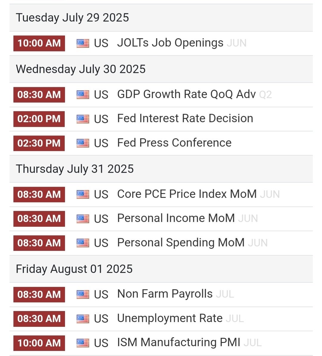TheRealStockMom's tweet image. 📆⚠️Here is the schedule for the release of the most notable economic data for the week beginning July 28th. All eyes and ears on the Fed rate decision on Wednesday. 👀👂