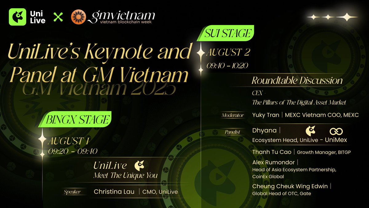 UniLive_Web3's tweet image. #UniLive & its ecosystem partner #UniMex is making a debut at #GM Vietnam along with all industry experts!🧑⚕️
Search🔍 #UniLive in Apple Store and download to stay tuned with #GM Vietnam, the Vietnam Blockchain Week!
#UniLive Meet the Unique You! #Web3 #livestreaming…