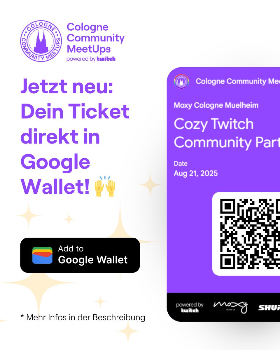 Ab sofort kannst du dein Ticket ganz einfach in deine Google Wallet hinzufügen!

Gehe dazu einfach auf deine Ticket-E-Mail, klicke auf „Zur Eventseite“ und tippe auf „Add to Google Wallet“ – fertig!

So hast du dein Ticket immer griffbereit auf dem Handy.