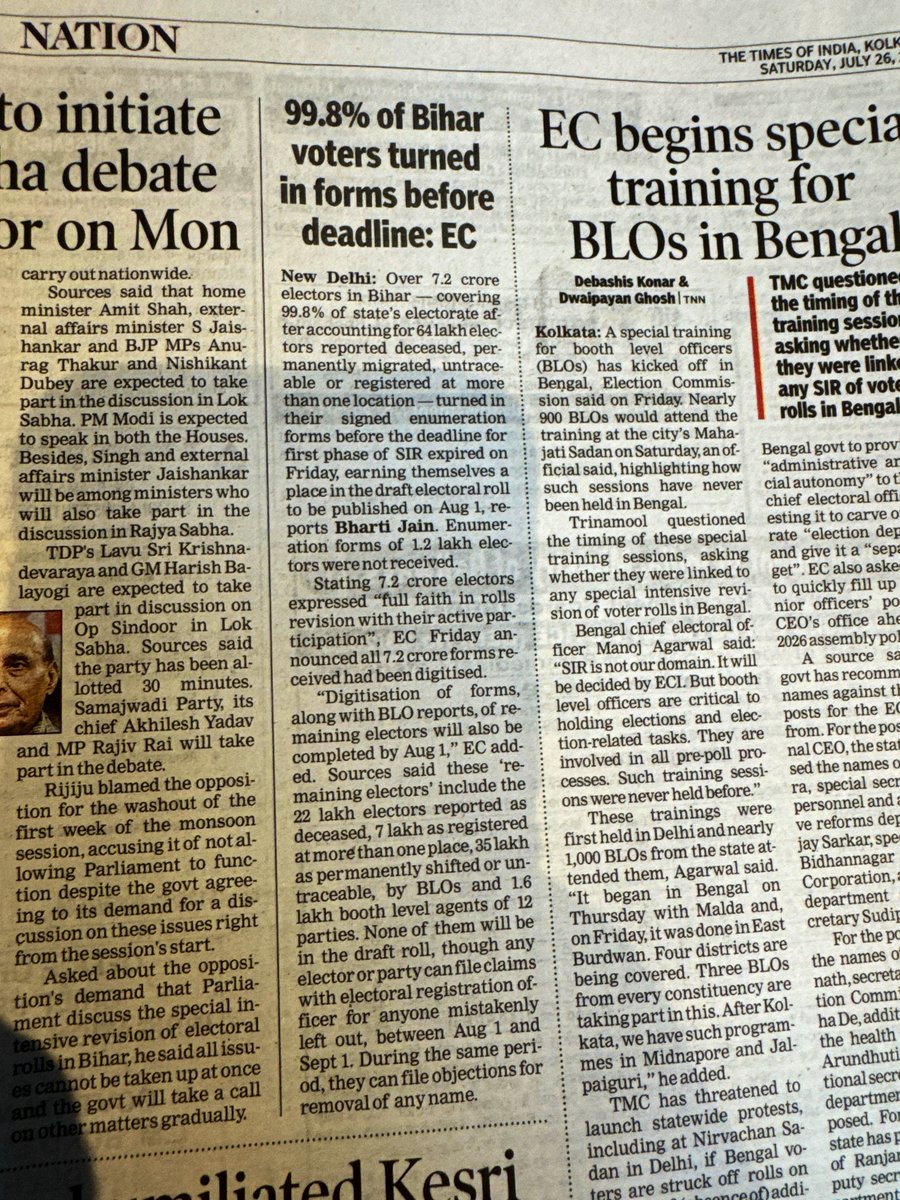 Another Blow to Congress !!! 

99.8% of Bihar voters has submitted the SIR forms, showing full faith on role revision with their active participation.

64 lakh voters were found dead, permanently migrated or registered at multiple voter lists.