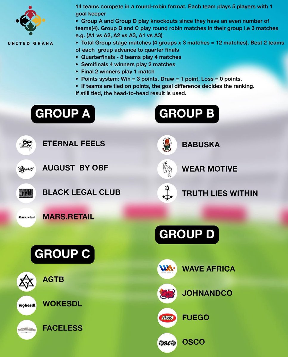⚽️🇬🇭 United Ghana Football Tournament | Group Pairings and Fixtures for today!

Come through and show support for the teams at East Legon Wembley Plus from 12 PM.

14 brands, one vision. 🖤

#VLSD #UnitedGhana