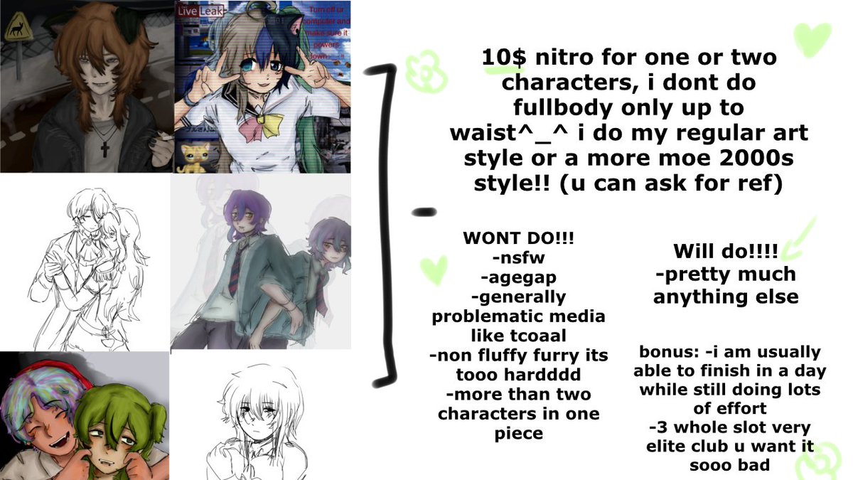 parkerbradleys's tweet image. heh hey guys im opening ten dollar nitro commissions wouldnt it be so crazy if you commissioned me (6”2 btw)
#yumetwt #commissionart #selfshipping