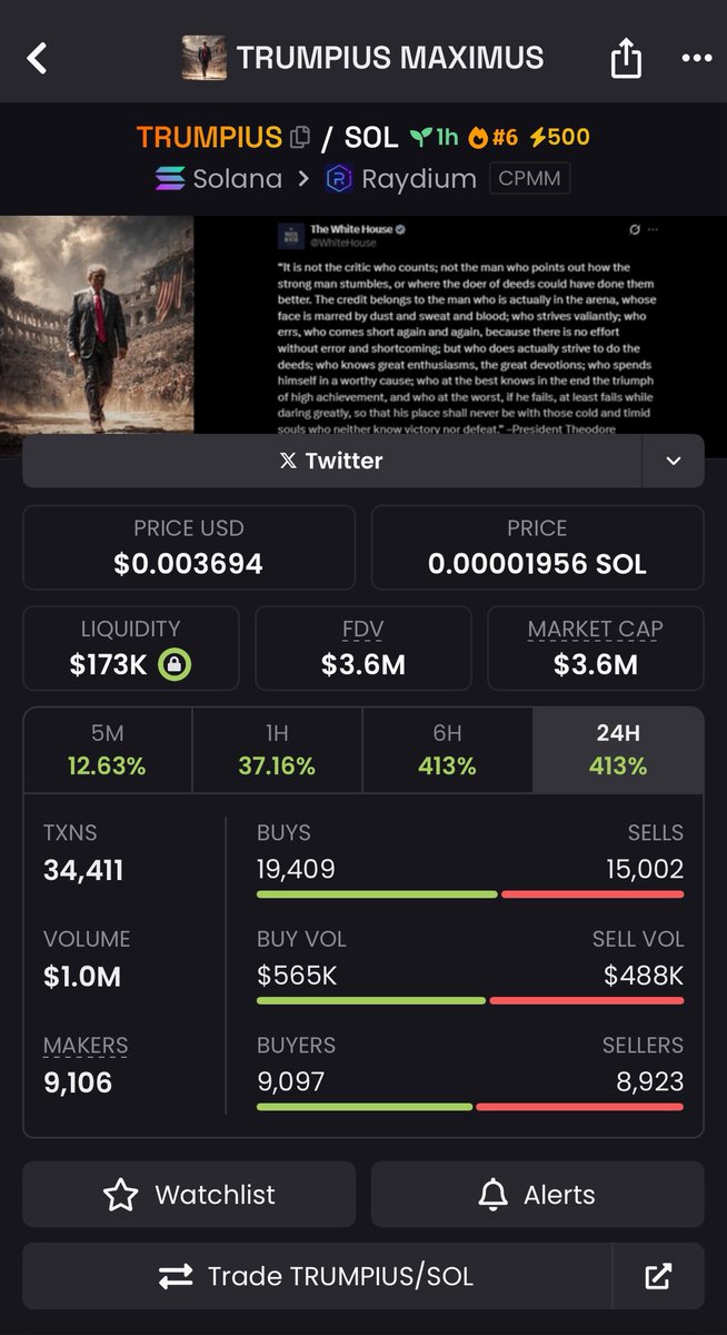 $TRUMPIUS is Up 3.6x 🚀 

💹 From $993k &gt;&gt; 3.6m 🔥

Join our exclusive VIP Memecoin Signal Group and get Early Calls on trending memecoins before they take off. 

Send a DM now let's get you started 

#Solana #memecoin #memecoin1000x