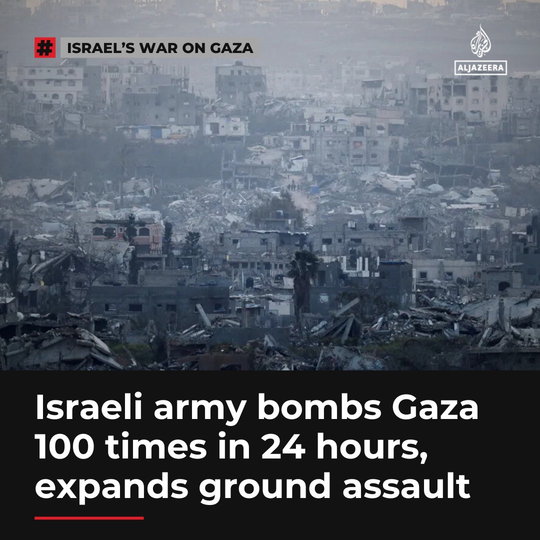 The Israeli military reports that its warplanes attacked more than 100 "terror targets" across Gaza over the past day to support their invading ground forces.

🔴 LIVE updates: aje.io/r16h9k