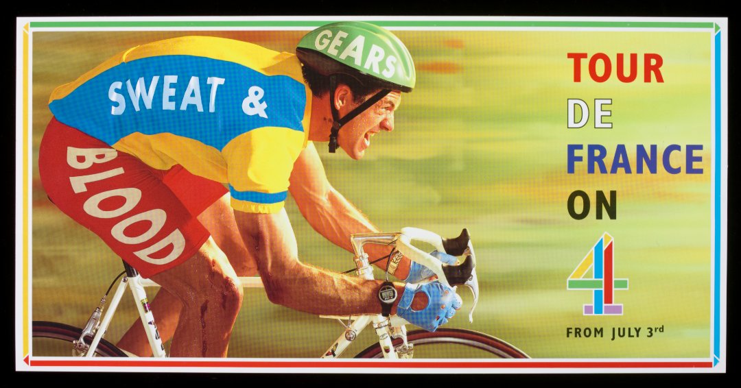 V_and_A's tweet image. Gearing up for the final race 🚴♂️
Channel 4 was the only television company in the UK broadcasting this famous cycle race. The text of this poster' Blood Sweat and Gears' puns on the well-known phrase 'blood, sweat and tears', referencing extreme exertion.