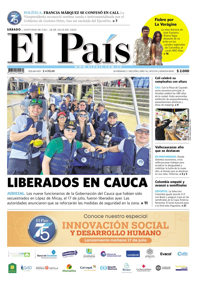 elpaiscali's tweet image. 📌 Esta es la #PortadaElPaís de este sábado 26 de julio.
👉 Te invitamos a visitar nuestro portal elpais.com.co para conocer detalles de todas las noticias de Cali, Valle, Colombia y el mundo.