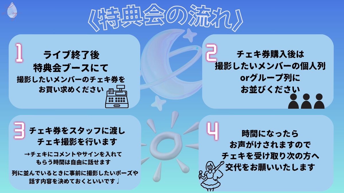 【はじめて・久しぶりにご来場される方】

・特典会レギュレーション
・支払い方法
・スタンプカードについて
・特典会注意事項
・特典会の流れ

ご確認くださいませ☔️💙