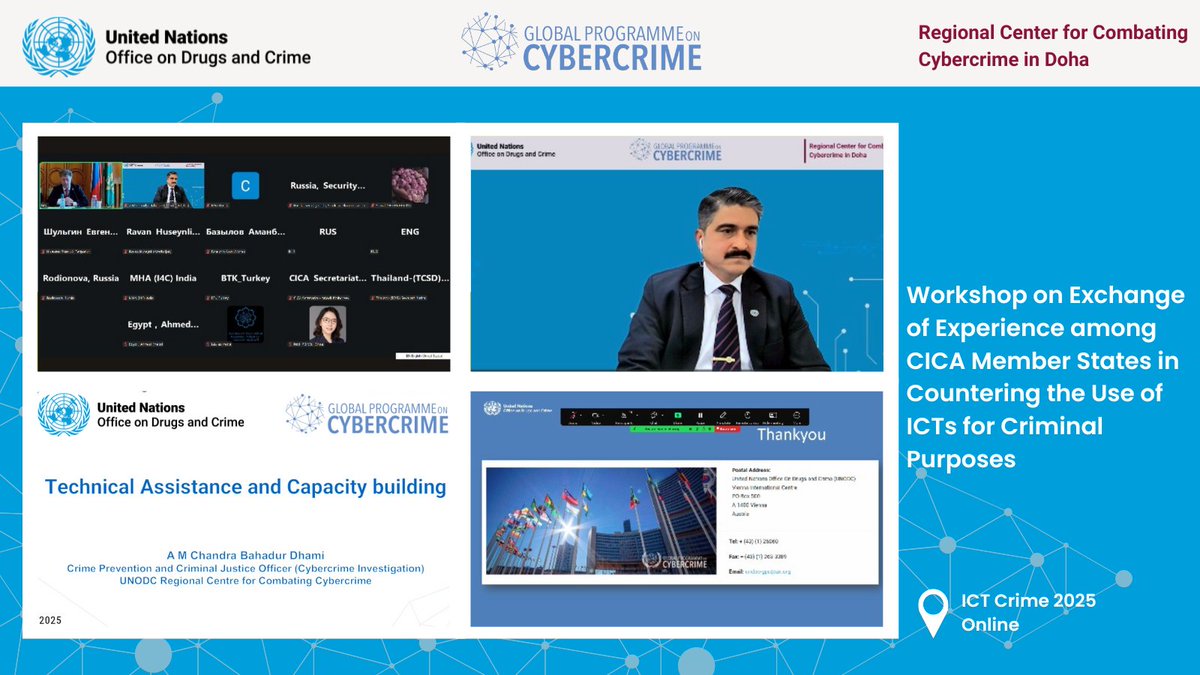 July 24, 🛜 | This week, the <a href="/UN__Cyber/">Global Programme on Cybercrime</a> #CyberDohaCenter presented at the workshop on countering #ICT crimes at the ICT Crime 2025 conference, to 2⃣8⃣ #CICA Member States on cybercrime trends, capacity building and the #UNConventionAgainstCybercrime.