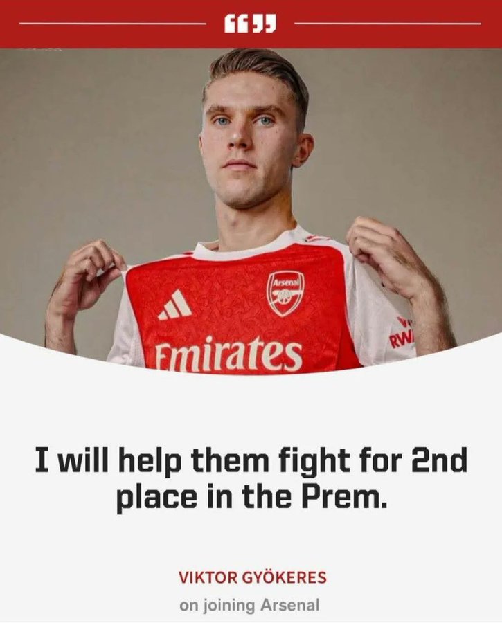 Homealoneonly's tweet image. Gyökeres says he will help Arsenal fîght for 2nd place.
Let's make it go viral 🤣😂