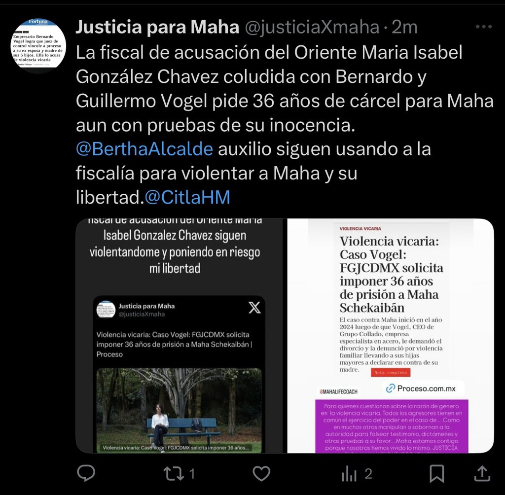 AYUDA URGENTE para Maha <a href="/BerthaAlcalde/">Bertha Alcalde Luján</a>, <a href="/CitlaHM/">Citlalli Hernández Mora</a> , <a href="/ClaraBrugadaM/">Clara Brugada Molina</a> , <a href="/Claudiashein/">Claudia Sheinbaum Pardo</a>. Bernardo y Guillermo Vogel siguen usando a la fiscalía para violentarla y poner en riesgo su libertad aún con todas las pruebas de su inocencia!