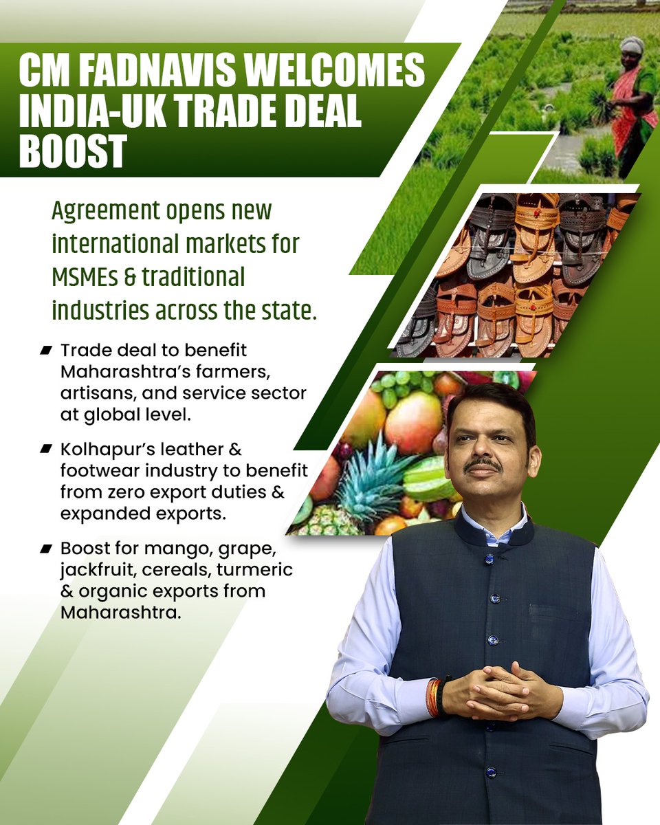 ✩M_ᴀ_ɴ_s_ɪ✩ (@ranragini01) on Twitter photo Maharashtra Chief Minister <a href="/Dev_Fadnavis/">Devendra Fadnavis</a> praised the India-UK trade agreement for its potential to uplift farmers and small industries. Maharashtra Chief Minister <a href="/Dev_Fadnavis/">Devendra Fadnavis</a> praised the India-UK trade agreement for its potential to uplift farmers and small industries.