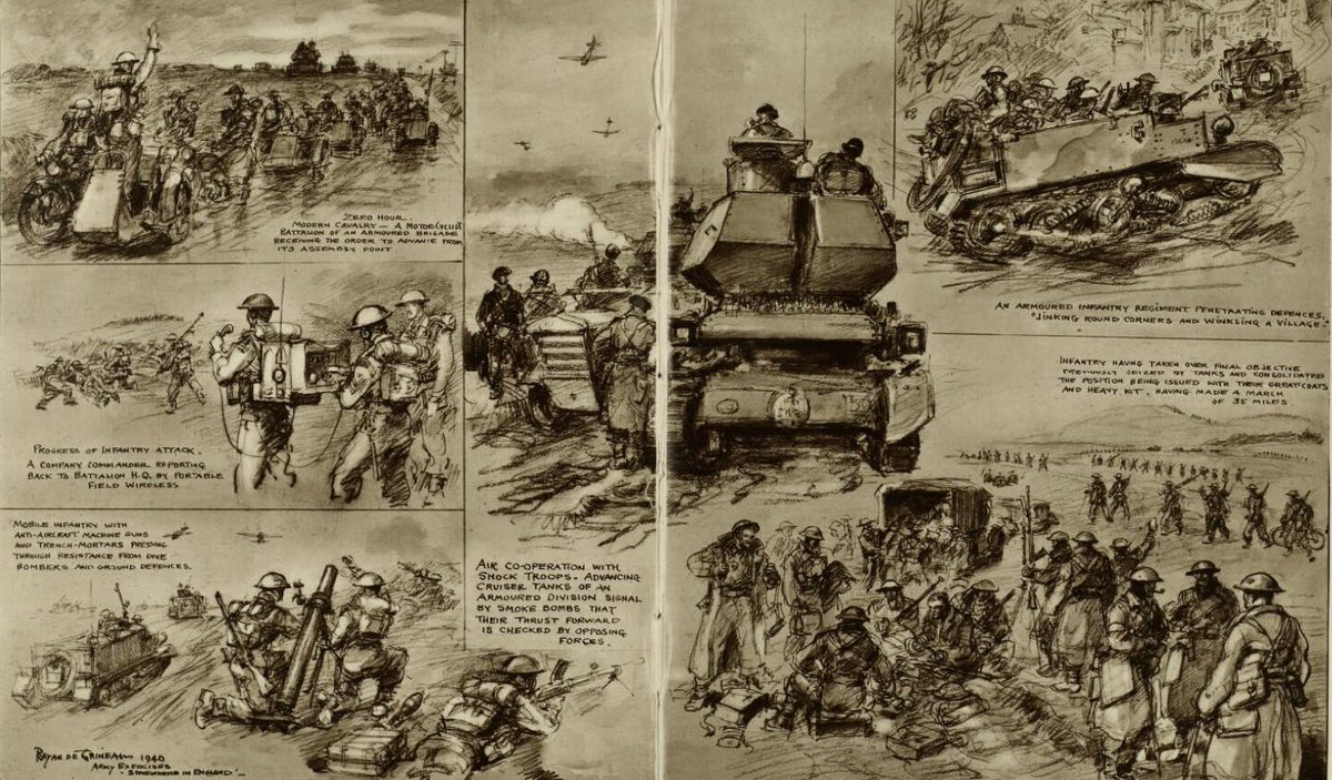 The indomitable Bryan De Grineau sketched the newly reformed British Army on exercise in December 1940, for the Illustrated London News. 

40000 troops on a Corps level scheme (5 Corps) testing the lessons learned from May/June 1940.  Under the tutelage of Sir Alan Brooke.