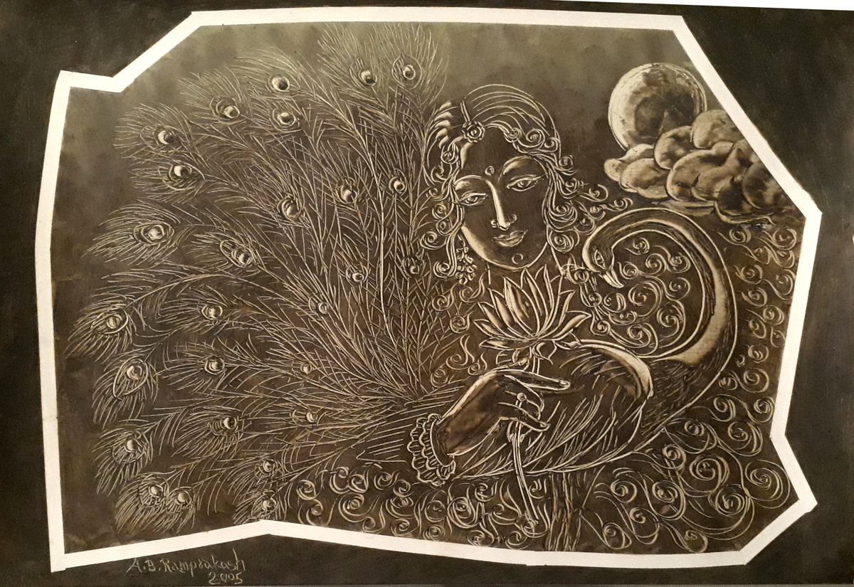 Ancient Lady with lotus and peocock painting of size 18"x24" (Year 2005) oil on oil sheet by palette knife execution.  For quiries DM me to :  abrcbe@gmail.com.  Explore my works in my website :  abramprakash.com