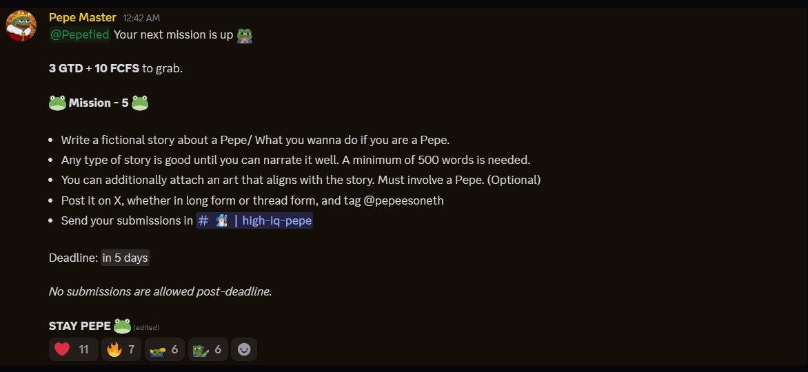 Mission - 5 is live 🐸 

Only Real Pepes will survive. 

Pepe Show Starts Now 🤺