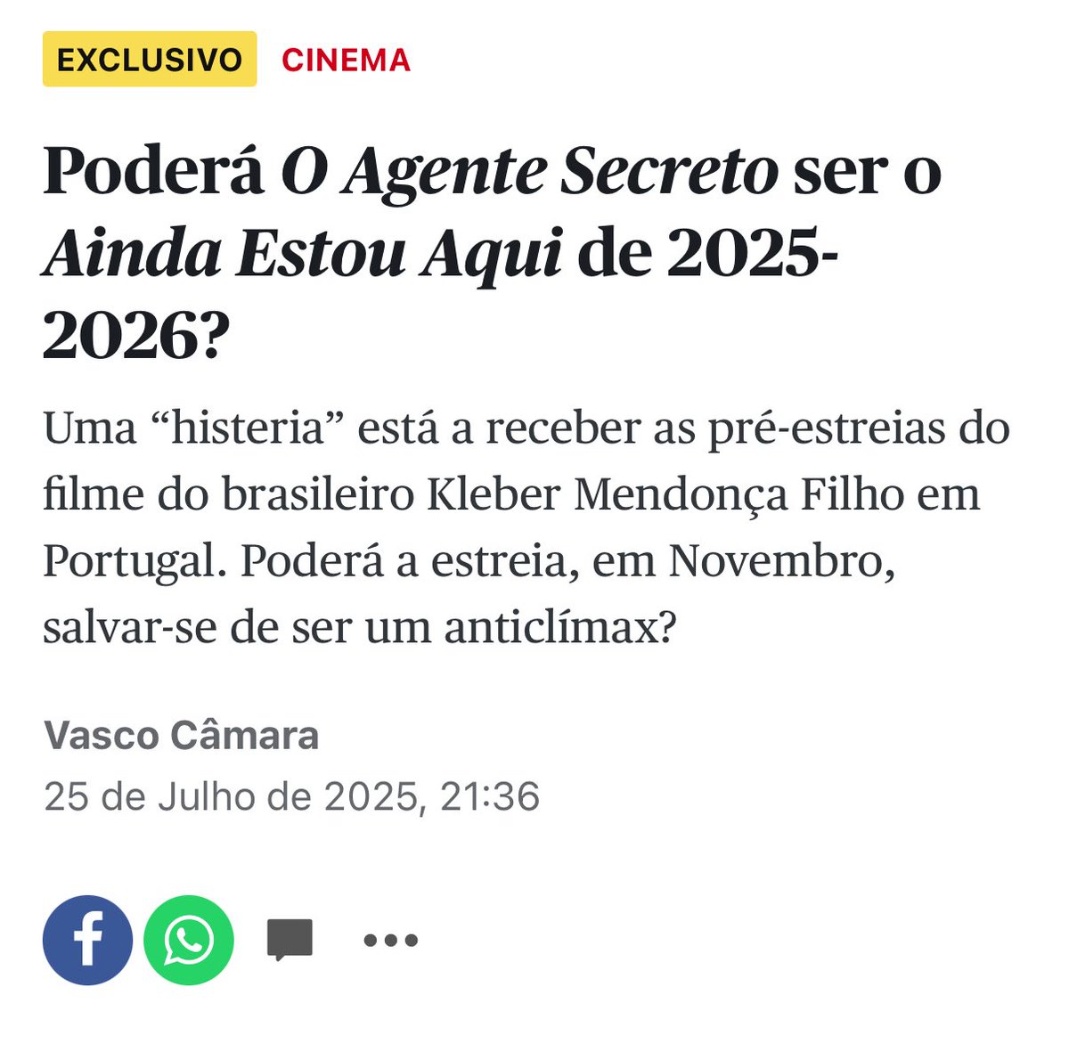 kmendoncafilho's tweet image. obre as pré-estréias d’O AGENTE SECRETO essa semana em Portugal, onde o filme estreia junto com o Brasil, 6 Novembro. Obrigado! Sensacional