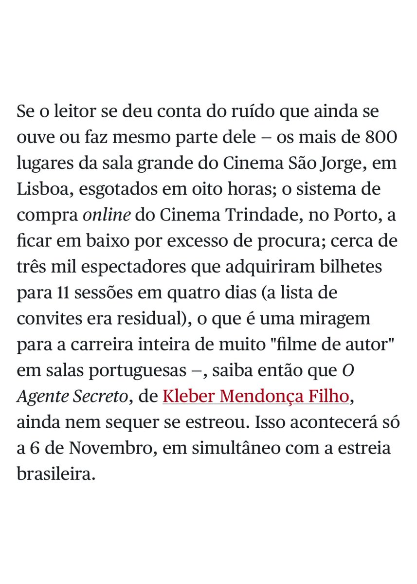 kmendoncafilho's tweet image. obre as pré-estréias d’O AGENTE SECRETO essa semana em Portugal, onde o filme estreia junto com o Brasil, 6 Novembro. Obrigado! Sensacional