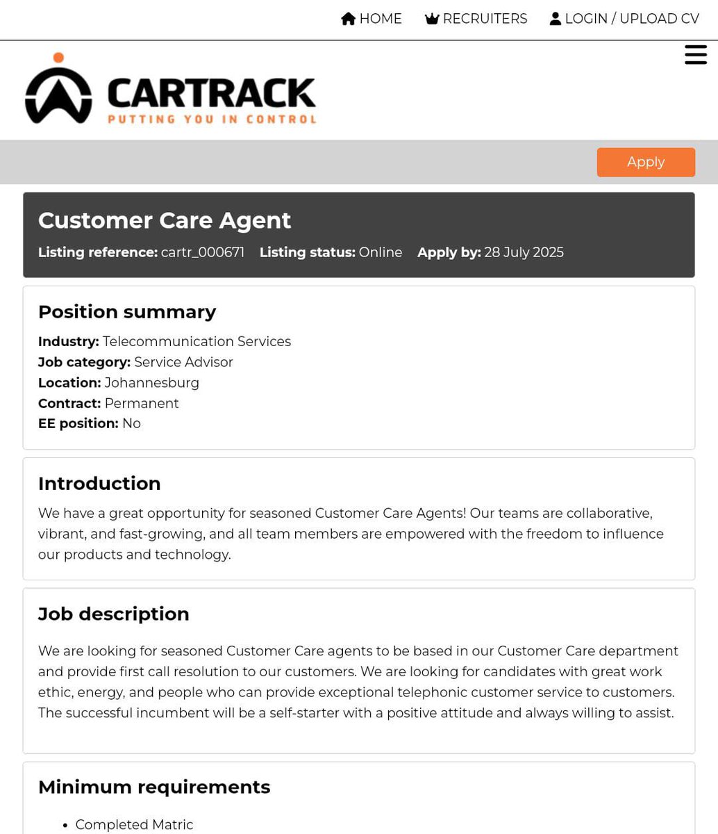 Tumelo T (@tumelo_br) on Twitter photo <a href="/ChrisExcel102/">ChrisExcel</a> Do your own research
📌Cartrack is hiring!
✅Customer Care Agent
📍JHB
Salary: R8,500- R15,000 p/m
Minimum Requirements:
- Grade 12/ Matric only!
- Computer literate.
- Knowledge in customer care.
Closing Date: 28-July-2025
Apply now: visionsoul.co.za/jobs-near-me-c… <a href="/ChrisExcel102/">ChrisExcel</a> Do your own research
📌Cartrack is hiring!
✅Customer Care Agent
📍JHB
Salary: R8,500- R15,000 p/m
Minimum Requirements:
- Grade 12/ Matric only!
- Computer literate.
- Knowledge in customer care.
Closing Date: 28-July-2025
Apply now: visionsoul.co.za/jobs-near-me-c…