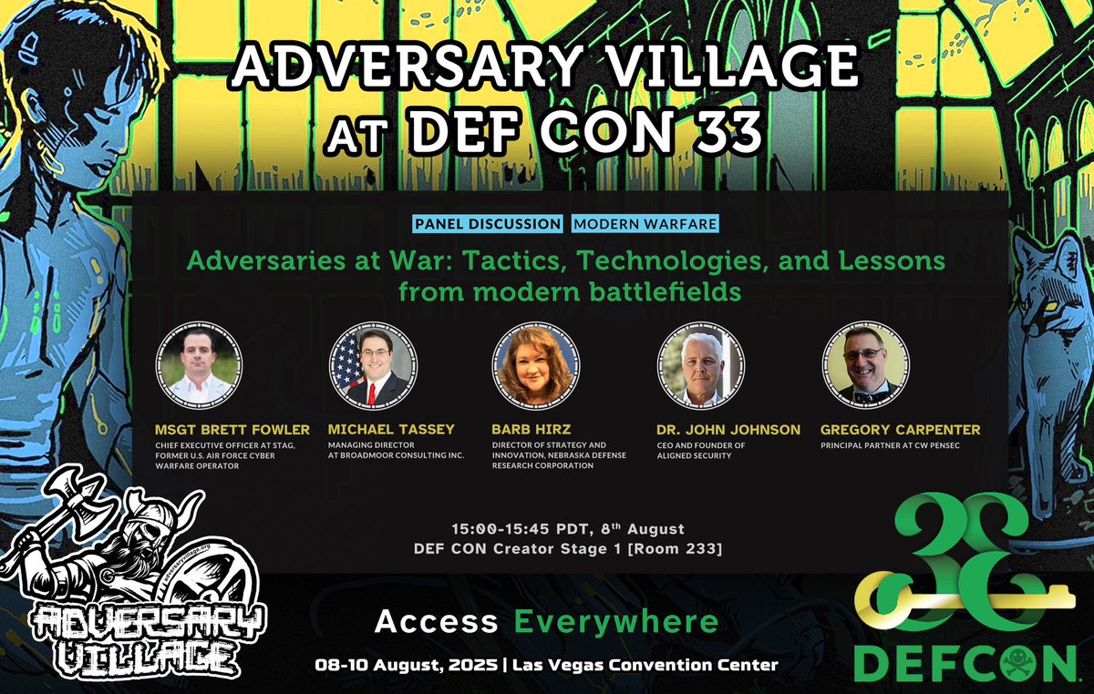 AdversaryVillag's tweet image. #Panel Discussion Announcement!
Join us for an in-depth conversation with Brett Fowler, Michael Tassey, Barb Hirz, and Dr. John Johnson, moderated by @gscarp12 on the title &quot;Adversaries at War: Tactics, technologies, and lessons from modern battlefields&quot;.