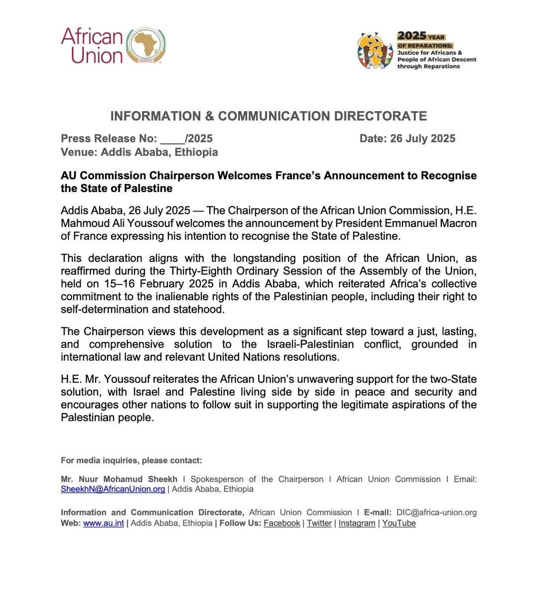 wardisom4's tweet image. The declaration aligns with the longstanding position of the African Union, as reaffirmed during the Thirty-Eighth Ordinary Session of the Assembly of the Union, held on 15-16 February 2025 in Addis Ababa, which reiterated Africa's collective commitment to the inalienable rights…