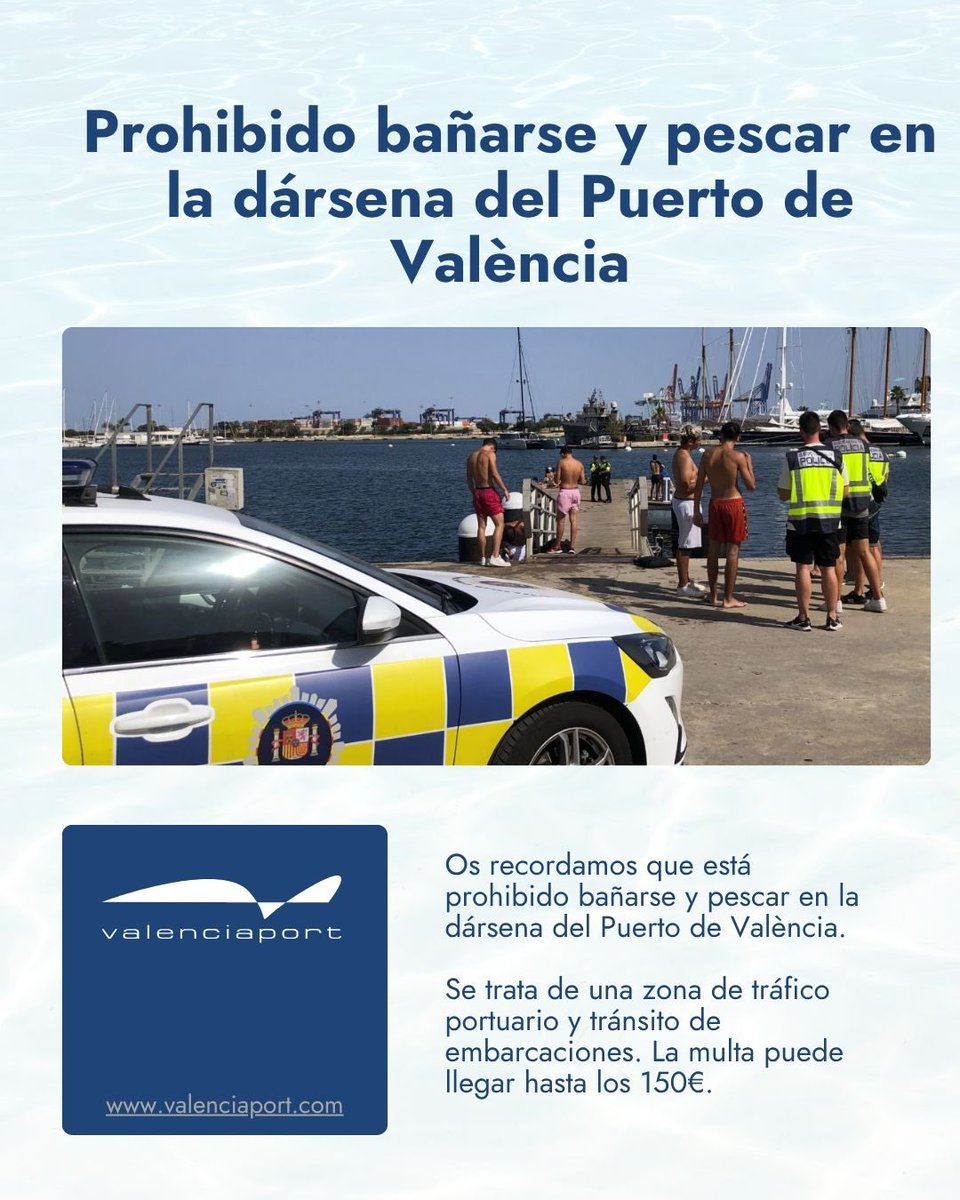 AutPortValencia's tweet image. 🌊 Con este calor apetece todo… pero ojo 👀
🚫 En la dársena del Puerto de València no está permitido ni bañarse ni pescar
❗ Es zona de tráfico portuario
💸 La multa puede llegar a 150 €
Disfruta del puerto con cabeza 🤝
#Valenciaport #PuertoDeValència