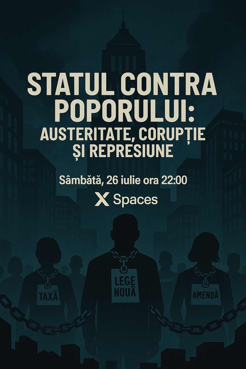 ⚠️ STATUL CONTRA POPORULUI
Austeritate. Corupție. Represiune. ⚠️

📆 AZI 
🕙 Ora 22:00
🎙️ X Spaces – intră în discuție!

x.com/i/spaces/1YpKk…

👉🏻 #romaniaonesta, controlul judiciar al lui #calingeorgescu și cum suntem furați cu legea în mân

Now you have a voice, use it ✊🏼🫵🏻