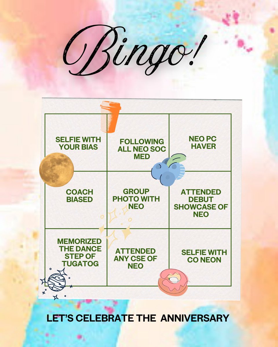 [Tag booster]

  🎲Bingo
Mark the boxes you relate to, post your card.
And Don’t forget to repost and use our tags .

NEO 1 YEAR DEBUT ANNIVERSARY

#NEO_PH #ReadyGlow
#NEO_FirstDebut_Anniversary