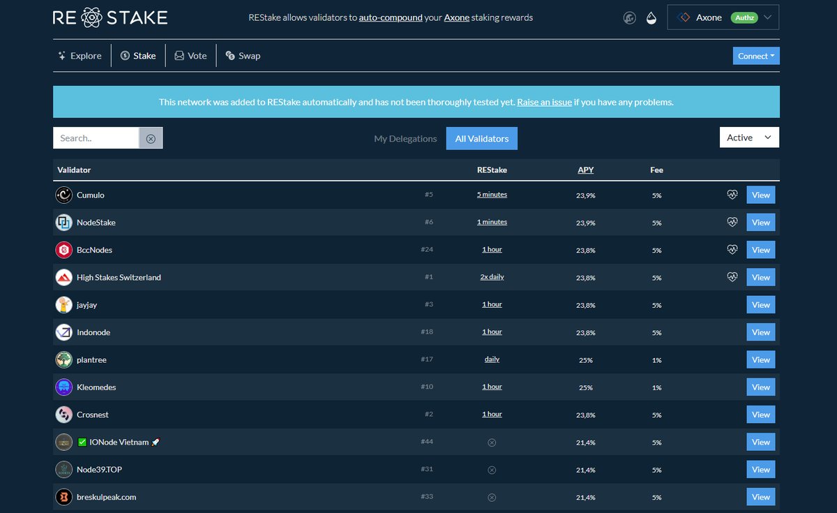 axonexyz's tweet image. [&amp;gt; ICYMI &amp;lt;] 
Axone is now live on @REStakeApp

Lazy or optimization-obsessed? Restake is for you

Setup your own custom Authz grants and let’s auto-compound your staking reward🚀

Already several validators have activated it 💪
restake.app/axone