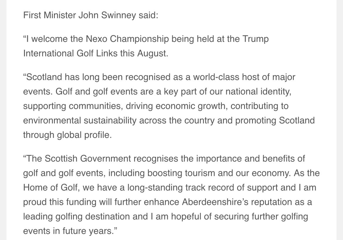 Dennynews's tweet image. John Swinney announces £180,000 of public money will help stage a golf tournament at Donald Trump’s Menie Estate in Aberdeenshire.

The First Minister meets the US President next week.