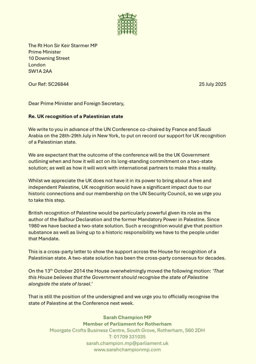 JGerrings's tweet image. A list of British MPs prepared to turn their back on the most important friend in the Middle East, Israel, for a few Muslim votes. These MPs want to recognise a terrorist Muslim extremist regime.
The letter suggests recognising Palestine will encourage a two state solution. This…