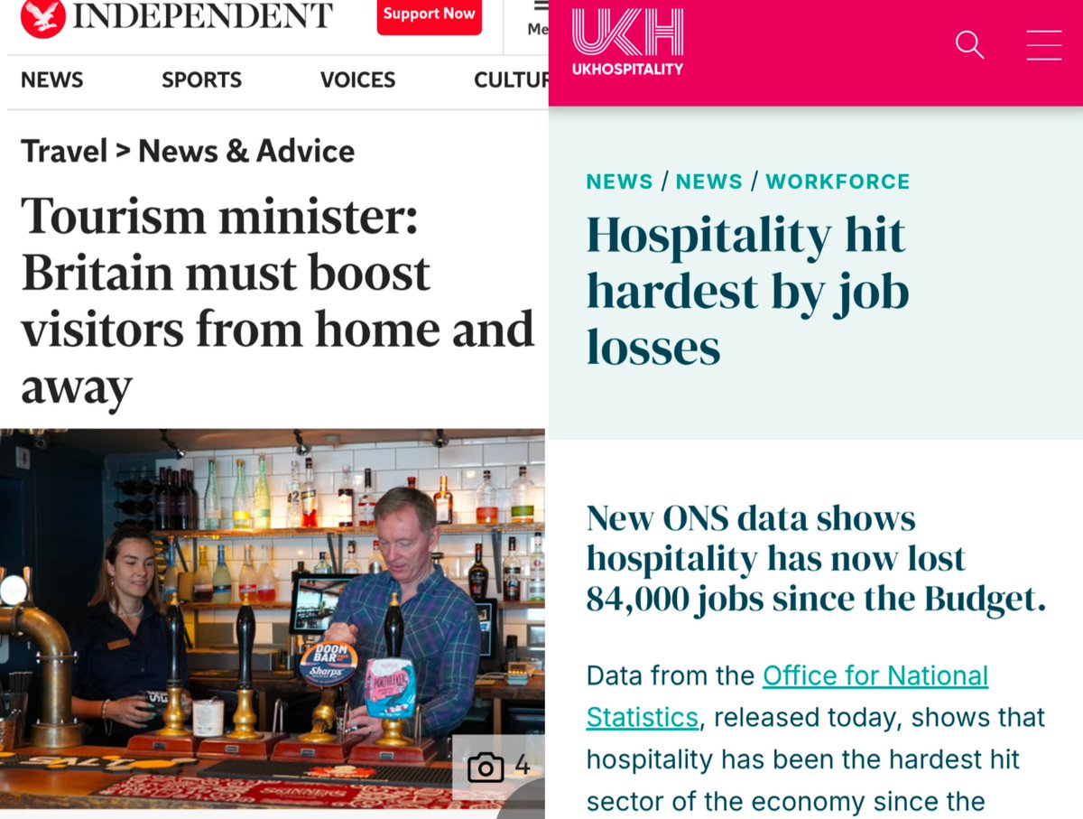 HuddlestonNigel's tweet image. A bit rich of the government to say it wants to boost tourism while hammering the sector with taxes & regulations which have led to 89,000 job losses in hospitality since the budget - hitting young job-seekers in rural and coastal areas particularly hard.
the-independent.com/travel/news-an…