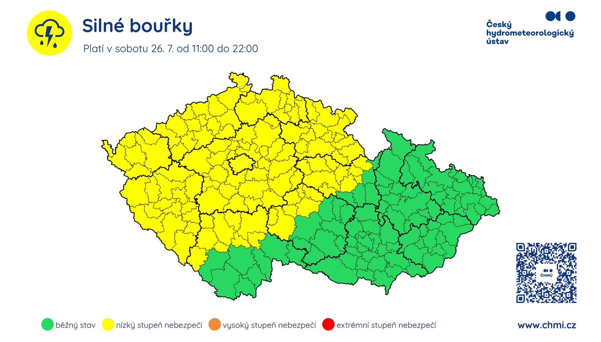 CHMUCHMI's tweet image. ⚠️ Aktualizace výstrahy ČHMÚ

📌 Aktualizovaná výstraha upravuje územní platnost výstrahy před dnešními bouřkami a přidává varování před vydatnými srážkami a povodňovými jevy na neděli 27. 7. a pondělí 28. 7. pro východ území.

⛈ Dnes (26. 7.) v odpoledních a večerních hodinách…