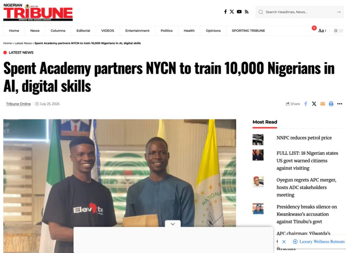 Spentacademy's tweet image. 🚨 Spent Academy partners with NYCN to train 10,000 Nigerians in AI &amp;amp; digital skills! 🇳🇬

Featured in:

📰 Tribune: tribuneonlineng.com/spent-academy-…

📰 The Sun: thesun.ng/tech-expert-ph…
#AIForNigeria #SpentAcademy #DigitalSkills