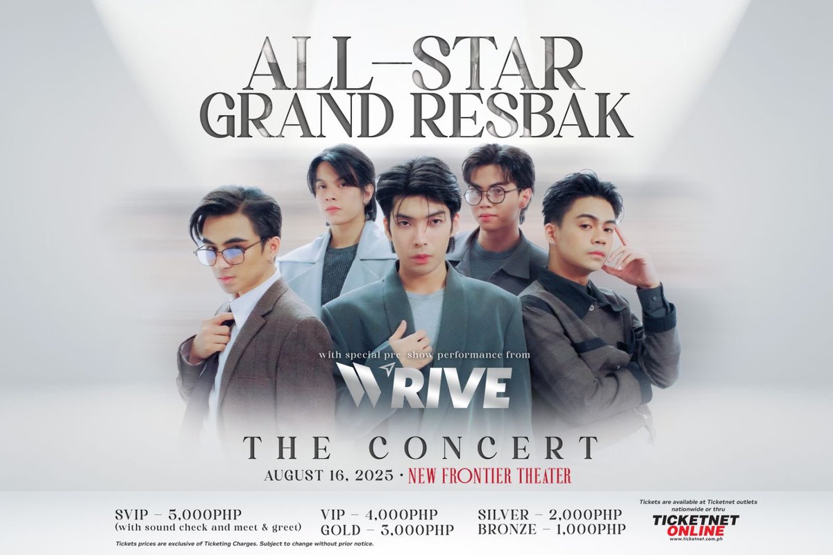 starmagicphils's tweet image. WRIVE has arrived for the ultimate All-Star Grand Resbak experience!
Catch the newest P-pop group from ABS-CBN, #WRIVE, as guest performers at the #AllStarGrandResbakConcert!
🗓️ August 16, 2025 | 8PM
📍 New Frontier Theater
GET YOUR TICKETS HERE:
👉🏻…