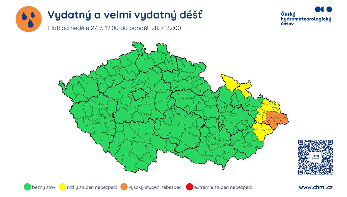 CHMUCHMI's tweet image. ⚠️ Aktualizace výstrahy ČHMÚ

📌 Aktualizovaná výstraha upravuje územní platnost výstrahy před dnešními bouřkami a přidává varování před vydatnými srážkami a povodňovými jevy na neděli 27. 7. a pondělí 28. 7. pro východ území.

⛈ Dnes (26. 7.) v odpoledních a večerních hodinách…