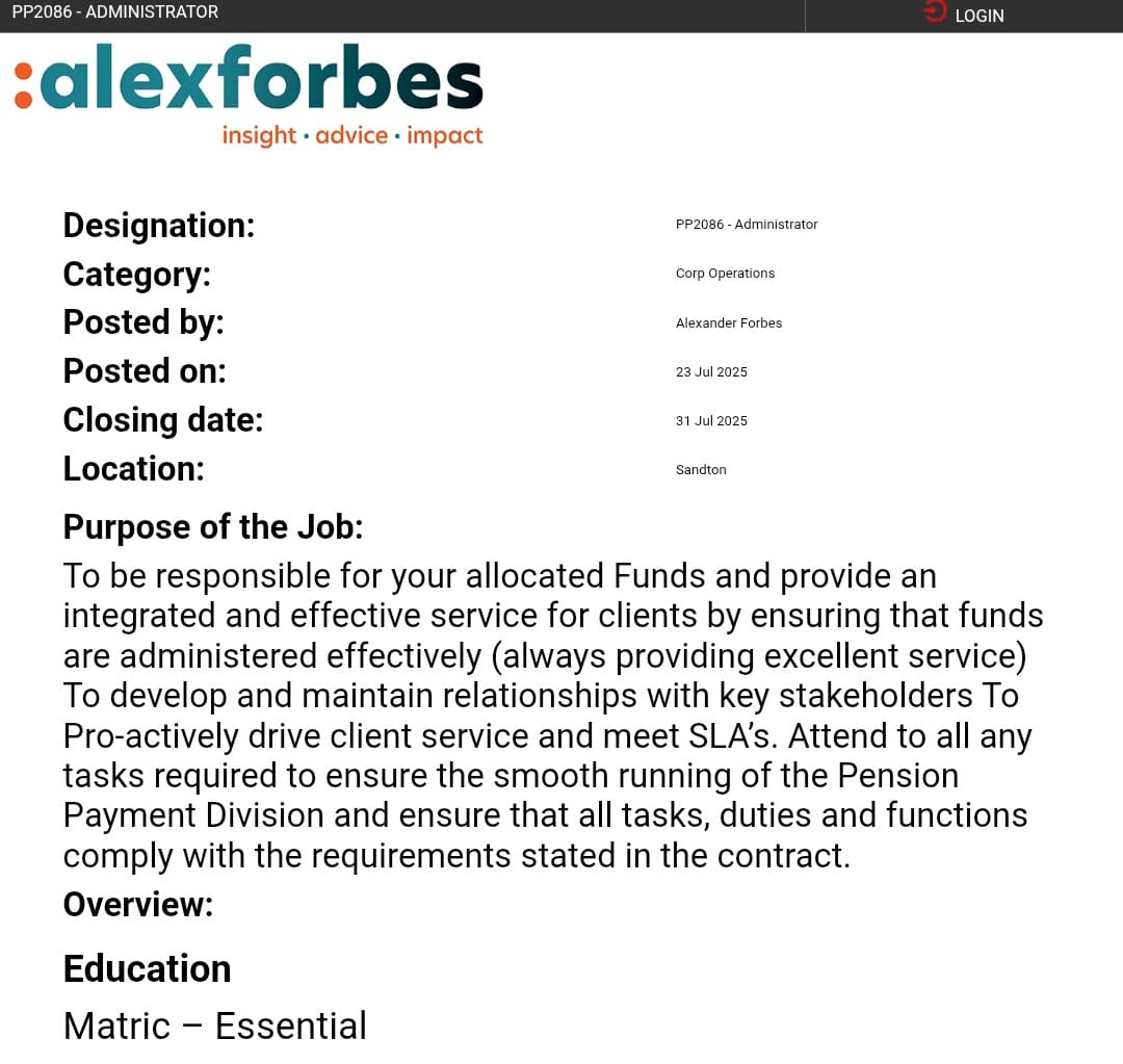 Tumelo T (@tumelo_br) on Twitter photo <a href="/ChrisExcel102/">ChrisExcel</a> Do your own research
Alexander Forbes is hiring
✅Administrator
Salary: R12,000 - R18,000 per month
Requirements
- Grade 12
🔗dailyspark.co.za/pension-fund-a…
Closing date: 31 July 2025 <a href="/ChrisExcel102/">ChrisExcel</a> Do your own research
Alexander Forbes is hiring
✅Administrator
Salary: R12,000 - R18,000 per month
Requirements
- Grade 12
🔗dailyspark.co.za/pension-fund-a…
Closing date: 31 July 2025