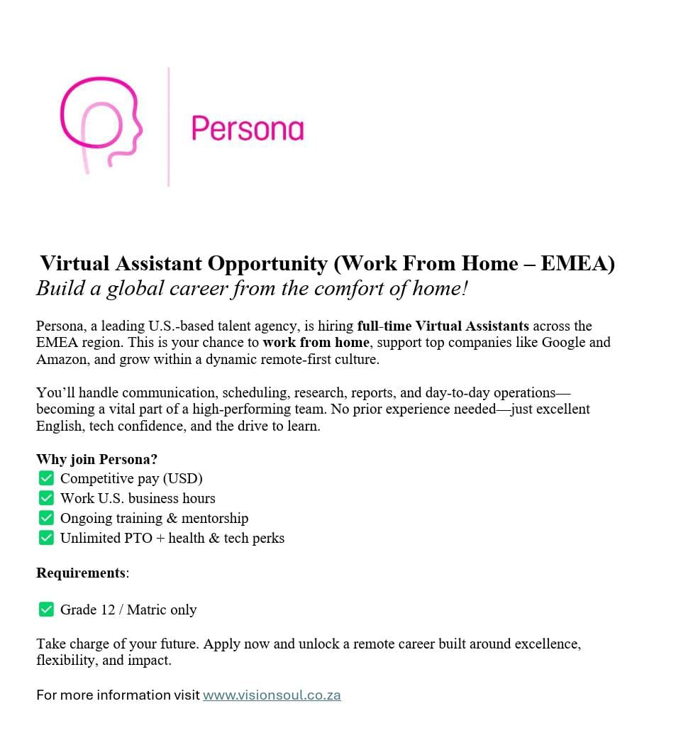 Tumelo T (@tumelo_br) on Twitter photo <a href="/ChrisExcel102/">ChrisExcel</a> Do your own research
📌Persona Talent is hiring!
📍Work From Home
✅Virtual Assistant
Salary: R15,000- R25,000 p/m
Minimum Requirements:
- Grade 12/ Matric only!
- Computer literate.
Closing Date: Not specified, Apply ASAP!
Apply: visionsoul.co.za/work-from-home… <a href="/ChrisExcel102/">ChrisExcel</a> Do your own research
📌Persona Talent is hiring!
📍Work From Home
✅Virtual Assistant
Salary: R15,000- R25,000 p/m
Minimum Requirements:
- Grade 12/ Matric only!
- Computer literate.
Closing Date: Not specified, Apply ASAP!
Apply: visionsoul.co.za/work-from-home…